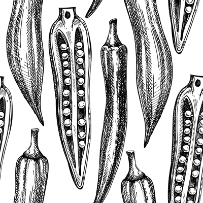 Fresh Okra seamless pattern. Edible green seed pods background. Vegetable backdrop hand-sketched okra plants. Vector illustration of raw cultivated okra.  For grocery, markets, packaging